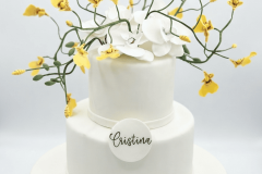 Bolo aniversário adulto branco 2 andares com placa escrito o nome do aniversariante com galhos e pequenas flores amarelas no topo