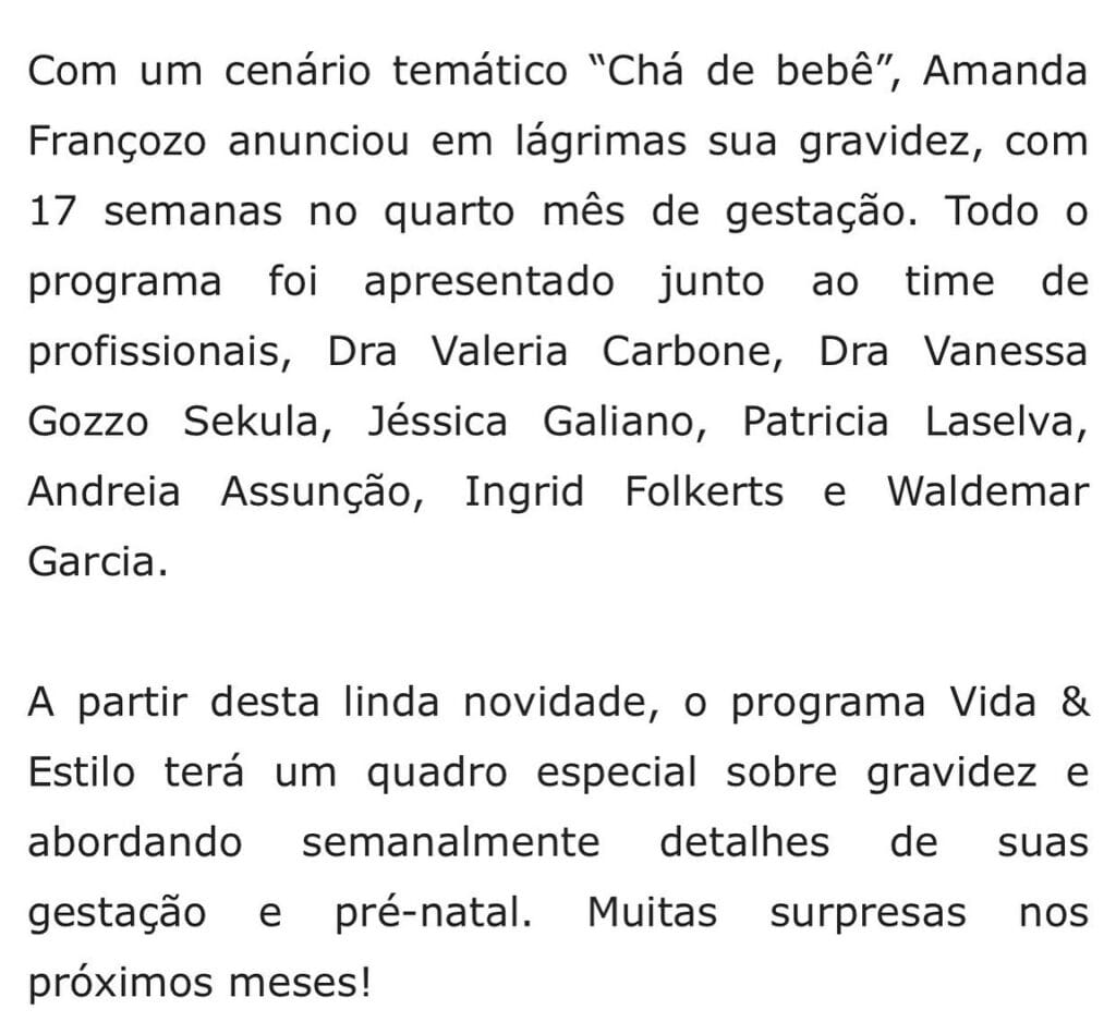Notícia Amanda Françoso primeira gravidez